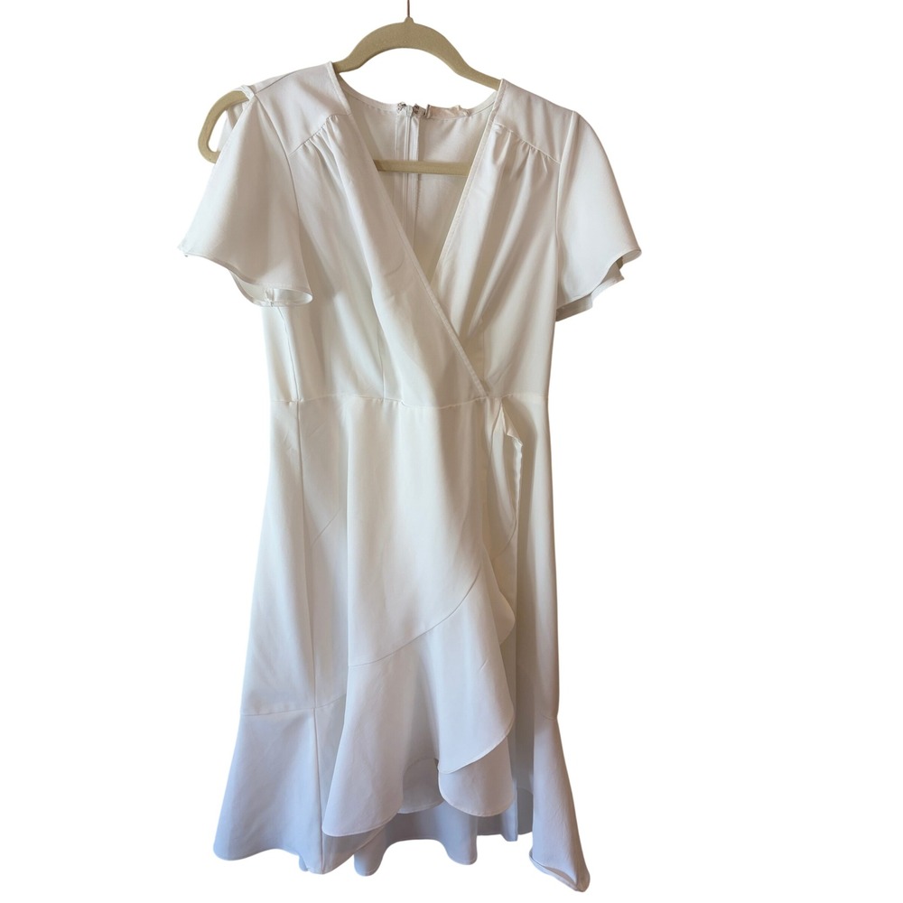 Altar'd State White Wrap Dress Flutter Sleeve Ruffle Hem V-Neck Mini Dress